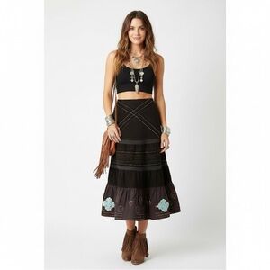 NWOT Anthropologie Raga Boho Embroidered Ruffle Hem Midi Skirt Cottagecore SZ S